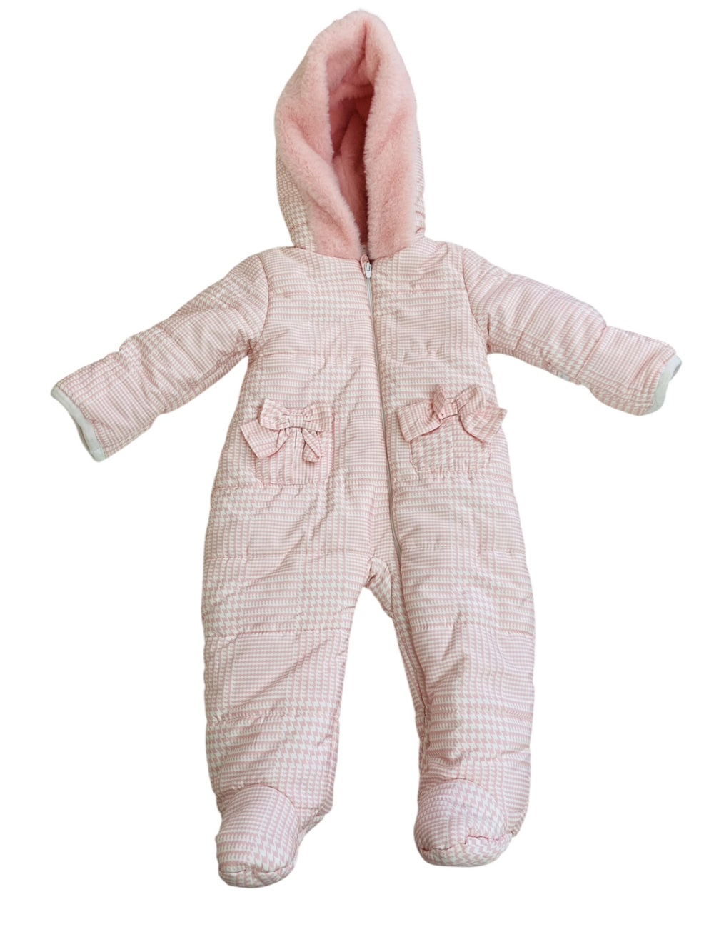 Tahari Baby Pink Houndstooth Puffer Snowsuit Size 6/9M
